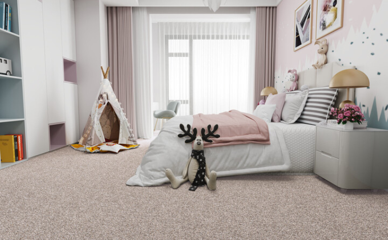 colorful child's bedroom with beige carpet